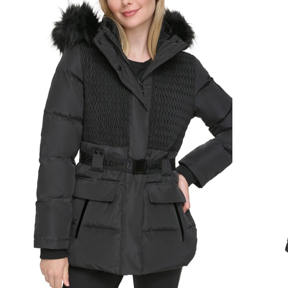 KARL LAGERFELD PARIS Smocked Belted Ski Puffer Jacket With Faux
Fur Hood